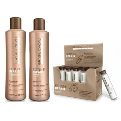 Kit Extreme Repair Cadiveu Brasil Cacau Cocoa Dose Shampoo 300 ml + Conditioner 300 ml + Fiale 10x15 ml